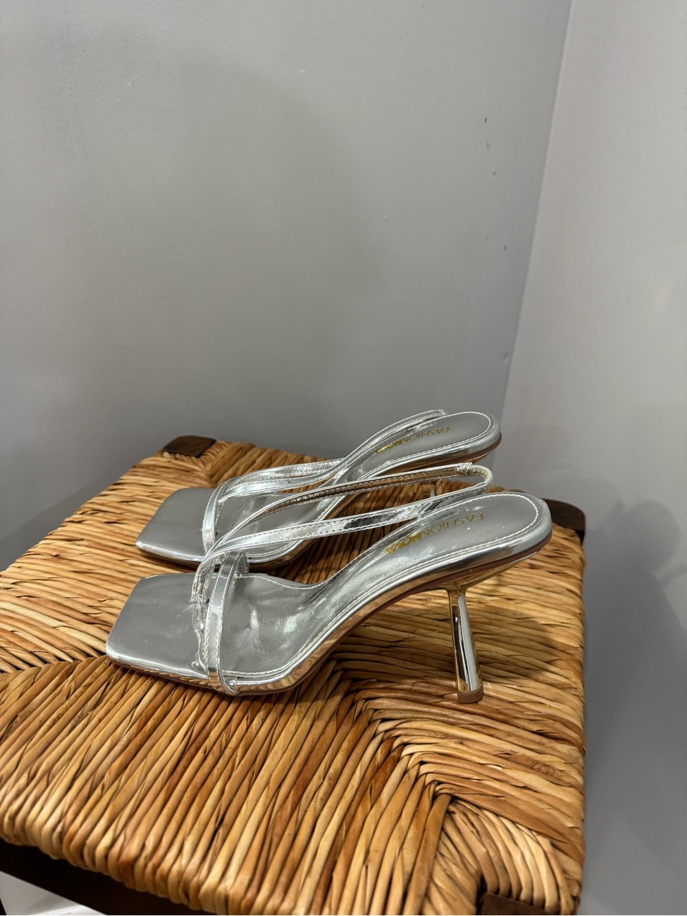 Fashion Nova Silver Strappy Square-Toe Heeled Sandals size 6.5